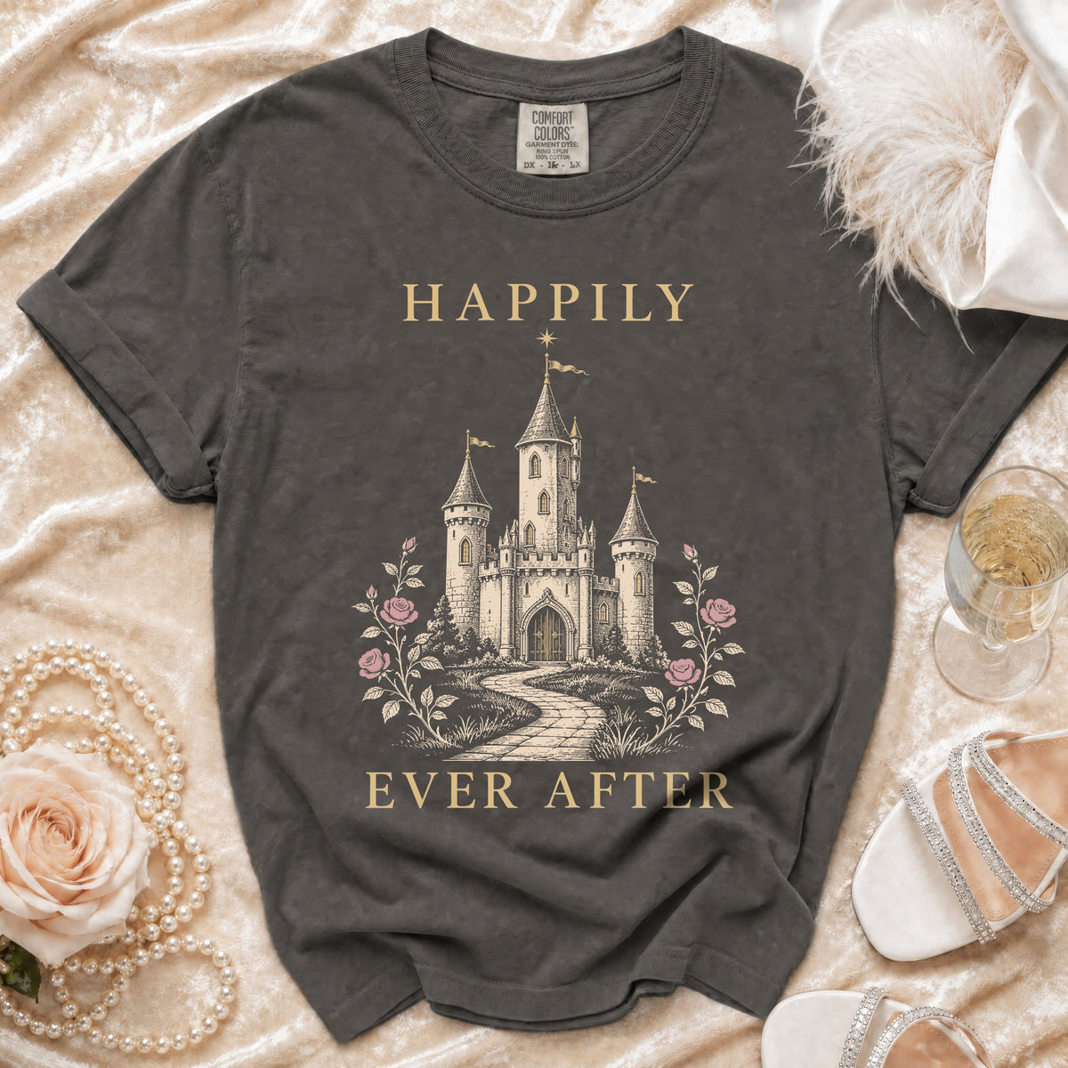 Dark grey t-shirt with "Happily Ever After" and castle graphic.