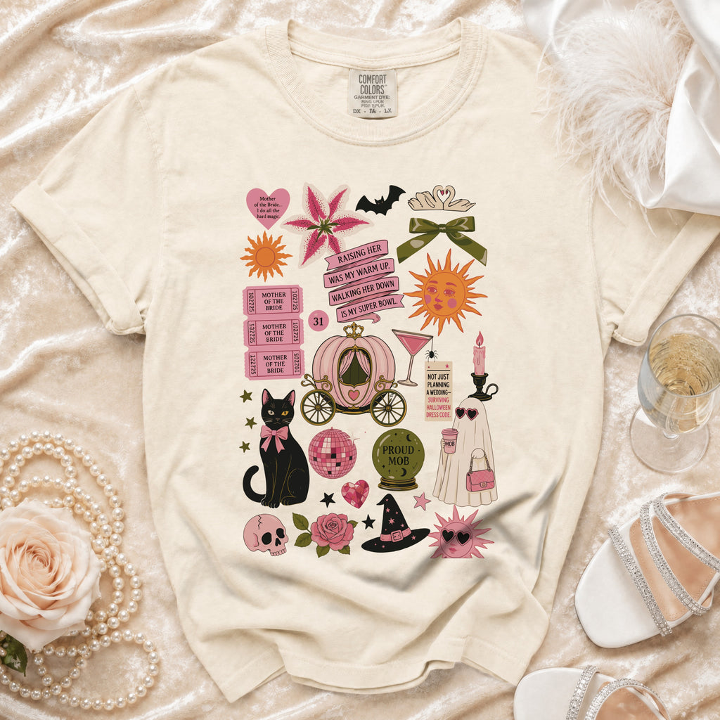 Cream t-shirt with "Mother of the Bride" graphics including a black cat, carriage, and various icons.