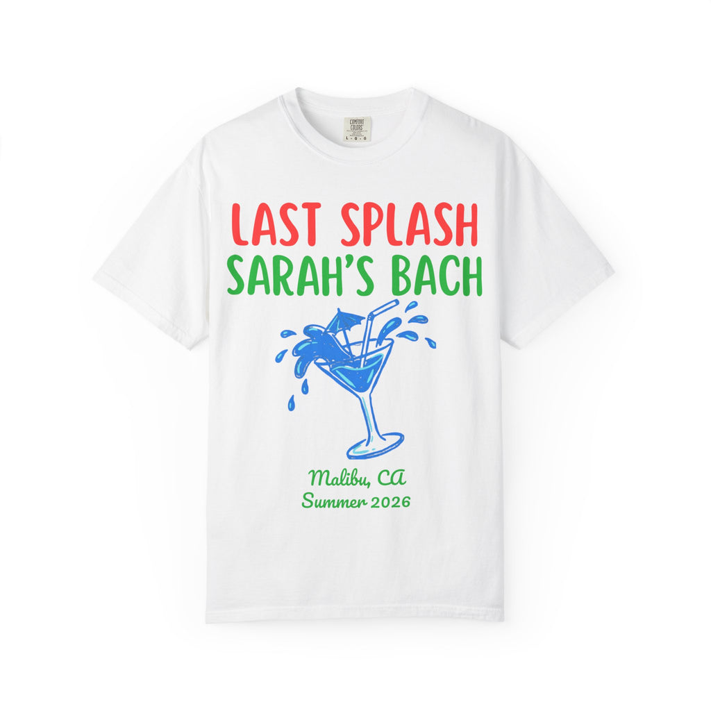 White t-shirt with "Last Splash Sarah's Bach" and cocktail graphic.
