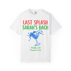 White t-shirt with "Last Splash Sarah's Bach" and cocktail graphic.