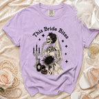 T-shirt with skeleton bride graphic and text "This Bride Bites".