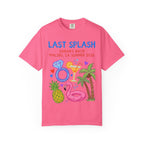 Pink t-shirt with "Last Splash Sarah's Bach Malibu, CA Summer 2026" text and tropical graphics.