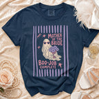 Navy t-shirt with "Mother of the Bride Boo-Job Complete" text and ghost graphic.
