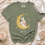 Green t-shirt with a crescent moon, starry-eyed bunny, and "Starry-Eyed Bride" text.
