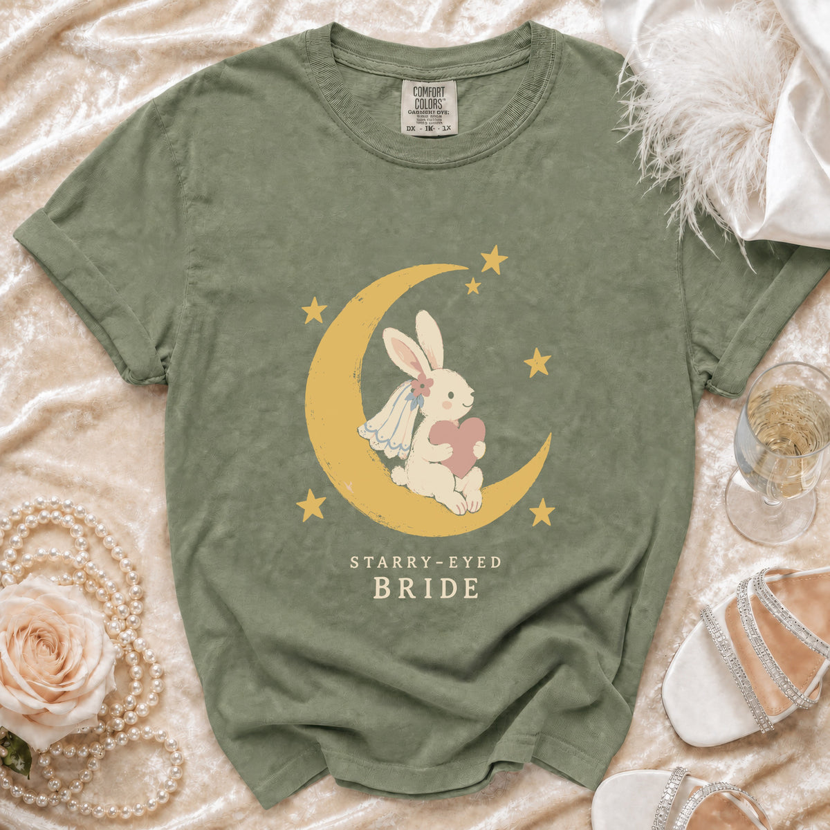 Green t-shirt with a crescent moon, starry-eyed bunny, and "Starry-Eyed Bride" text.