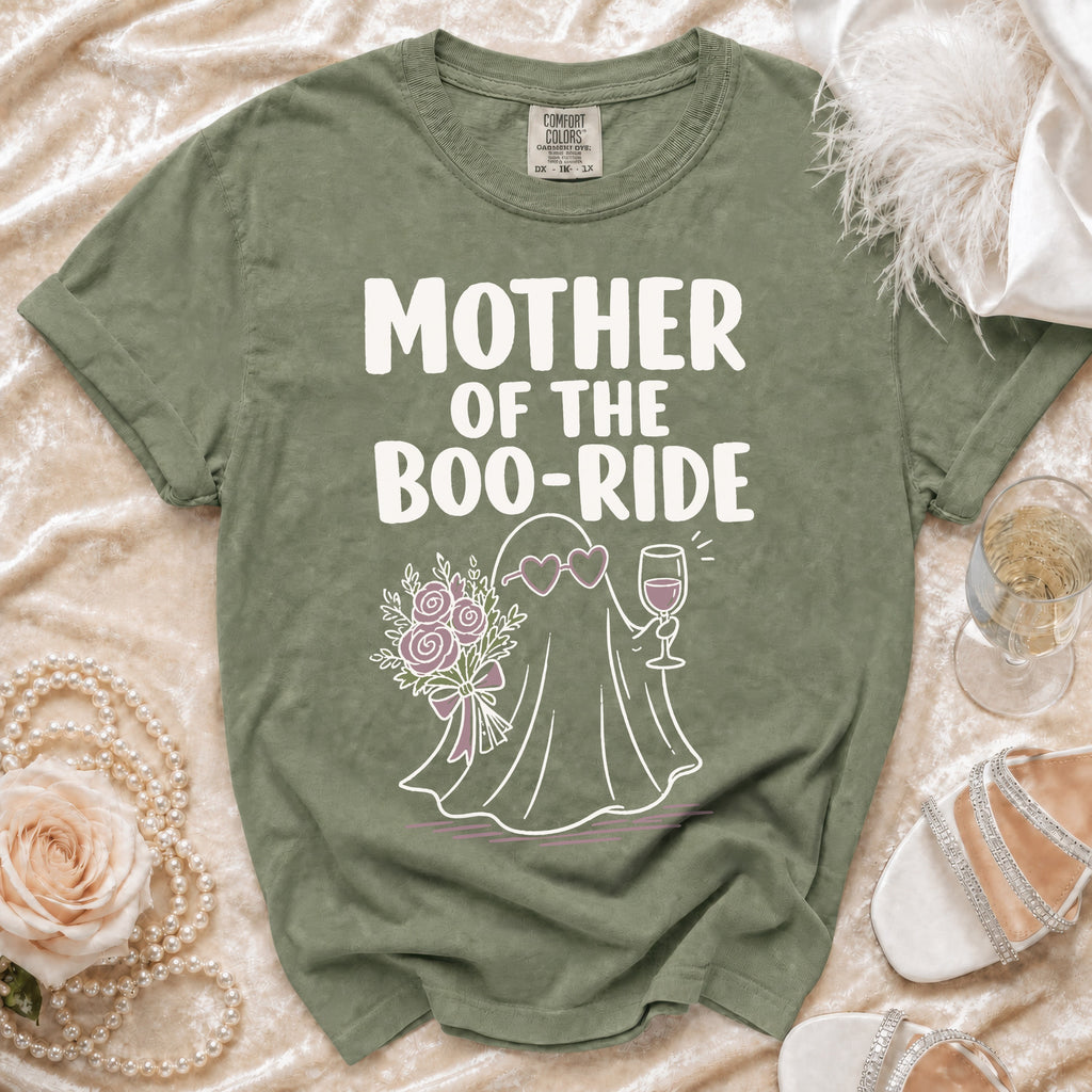 Olive green t-shirt with "MOTHER OF THE BOO-RIDE" and ghost graphic.