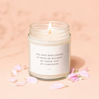Lit candle in glass jar with quote "You have been chosen to hold my bouquet, my phone, and my composure."