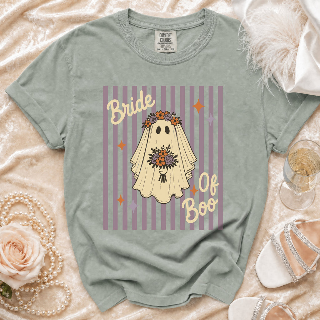 T-shirt with ghost graphic reading "Bride Of Boo," flowers, and stars.