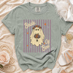 T-shirt with ghost graphic reading "Bride Of Boo," flowers, and stars.