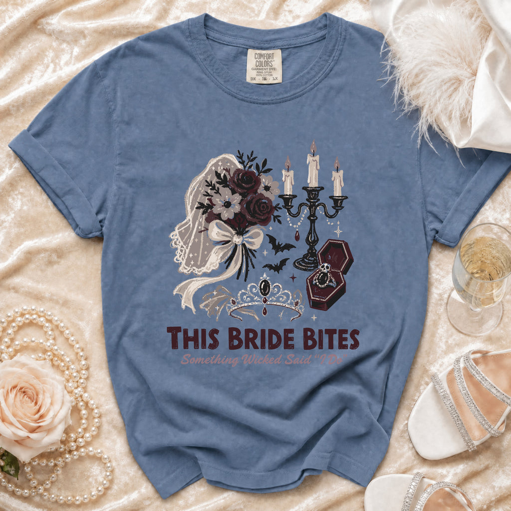 Blue t-shirt with gothic bridal graphics and "This Bride Bites" text.