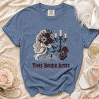 Blue t-shirt with gothic bridal graphics and "This Bride Bites" text.