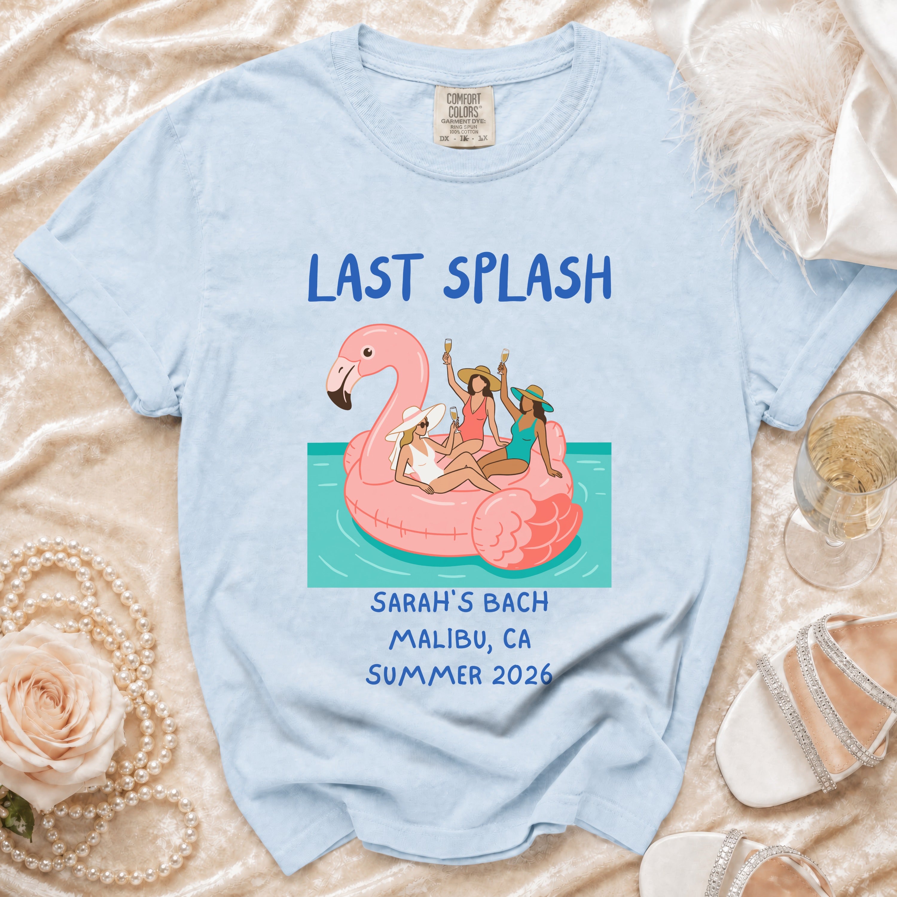Light blue t-shirt with "Last Splash" and bachelorette details.