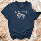 Navy t-shirt with "honeymoon tide" and two shells graphic, "just married" text.