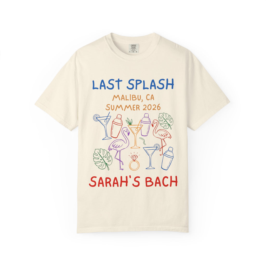 Cream t-shirt with "Last Splash" text, cocktails, and flamingos.