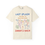 Cream t-shirt with "Last Splash" text, cocktails, and flamingos.