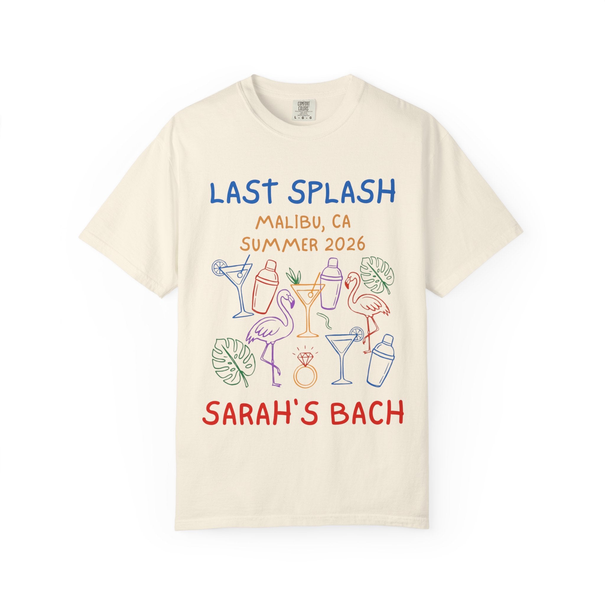 Cream t-shirt with "Last Splash" text, cocktails, and flamingos.