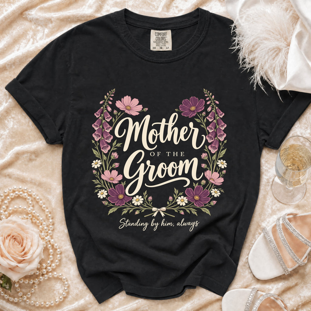 Black t-shirt with floral wreath and text "Mother of the Groom Standing by him, always".