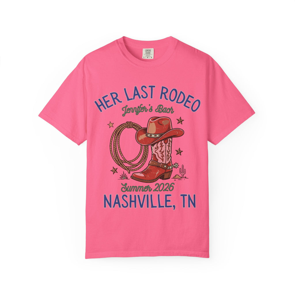 Pink t-shirt graphic with cowboy boot, hat, and lasso; "Her Last Rodeo" and Nashville text.