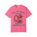 Pink t-shirt graphic with cowboy boot, hat, and lasso; "Her Last Rodeo" and Nashville text.