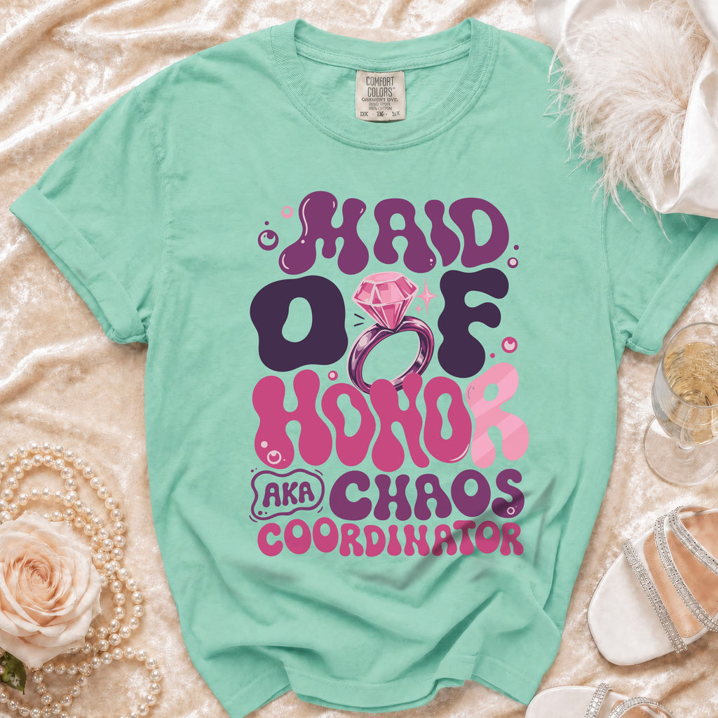 Maid of Honor aka Chaos Coordinator graphic tee in teal with diamond ring.