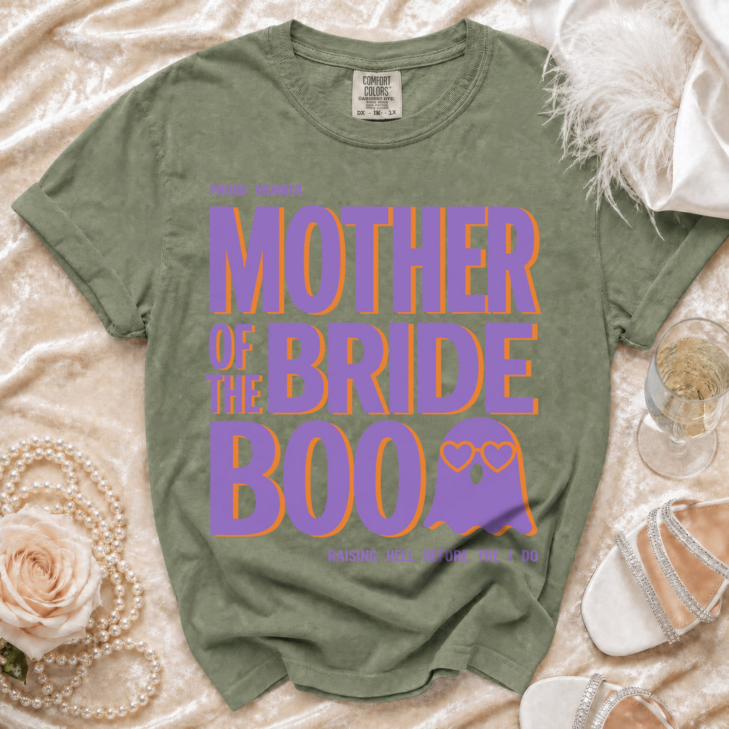 Proud member Mother of the Bride Boo shirt with ghost graphic.