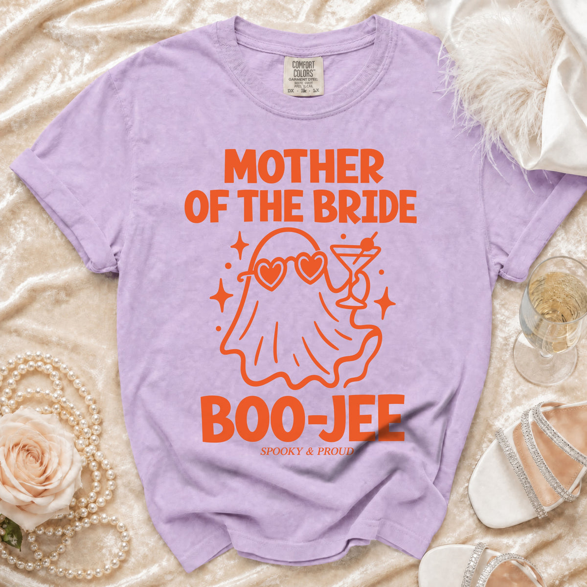 Purple t-shirt with "MOTHER OF THE BRIDE BOO-JEE SPOOKY & PROUD" text and ghost graphic.