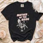 Black t-shirt with "Mother of the Bride" text and skeleton graphic.