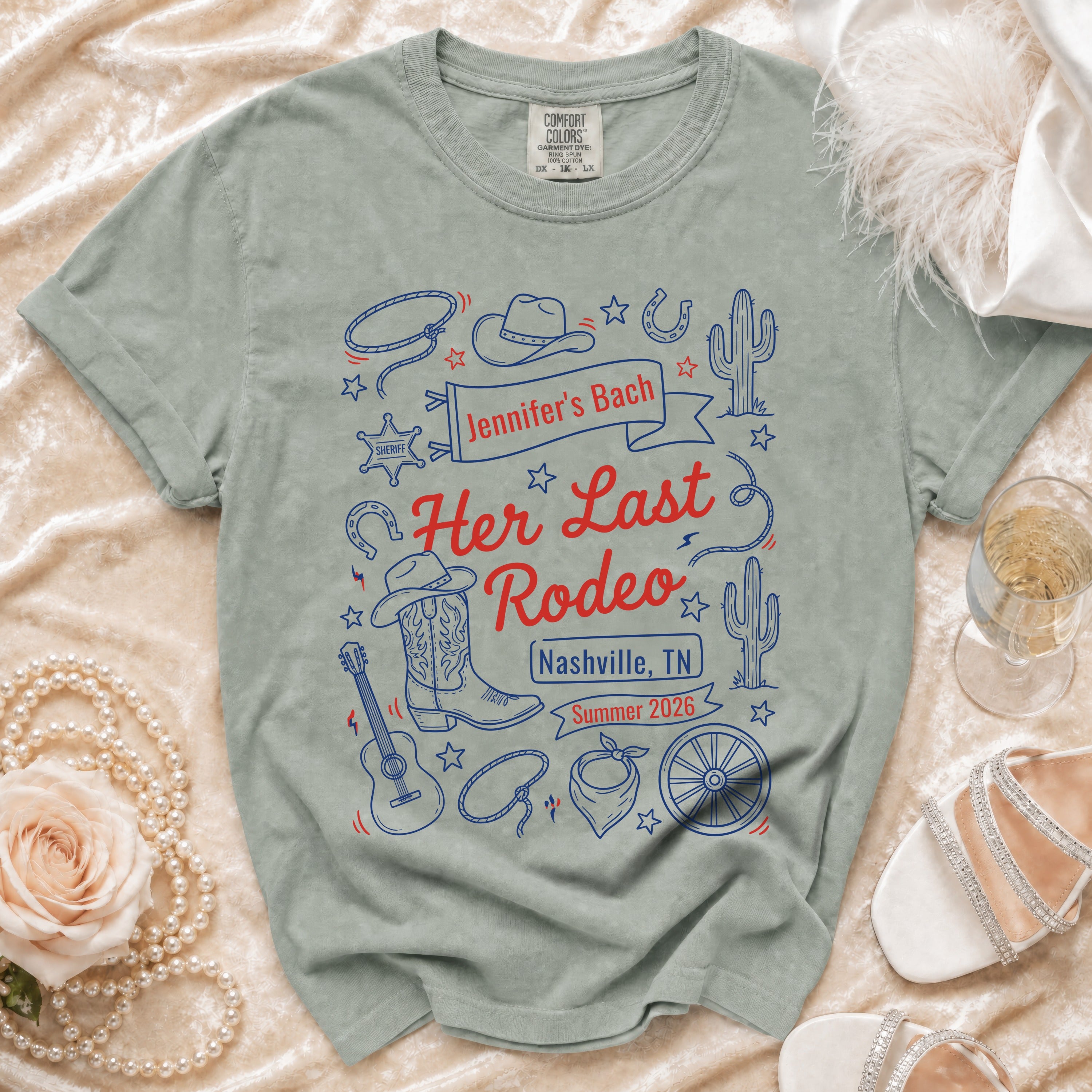 "Her Last Rodeo" bachelorette t-shirt with cowboy boots, sheriff badge, and cactus design.