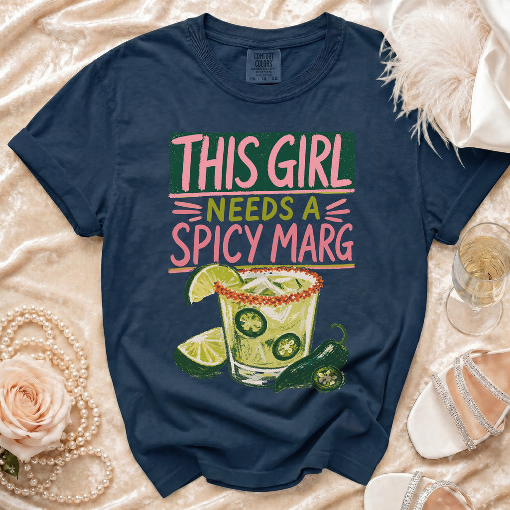Navy t-shirt with "THIS GIRL NEEDS A SPICY MARG" graphic and margarita illustration.