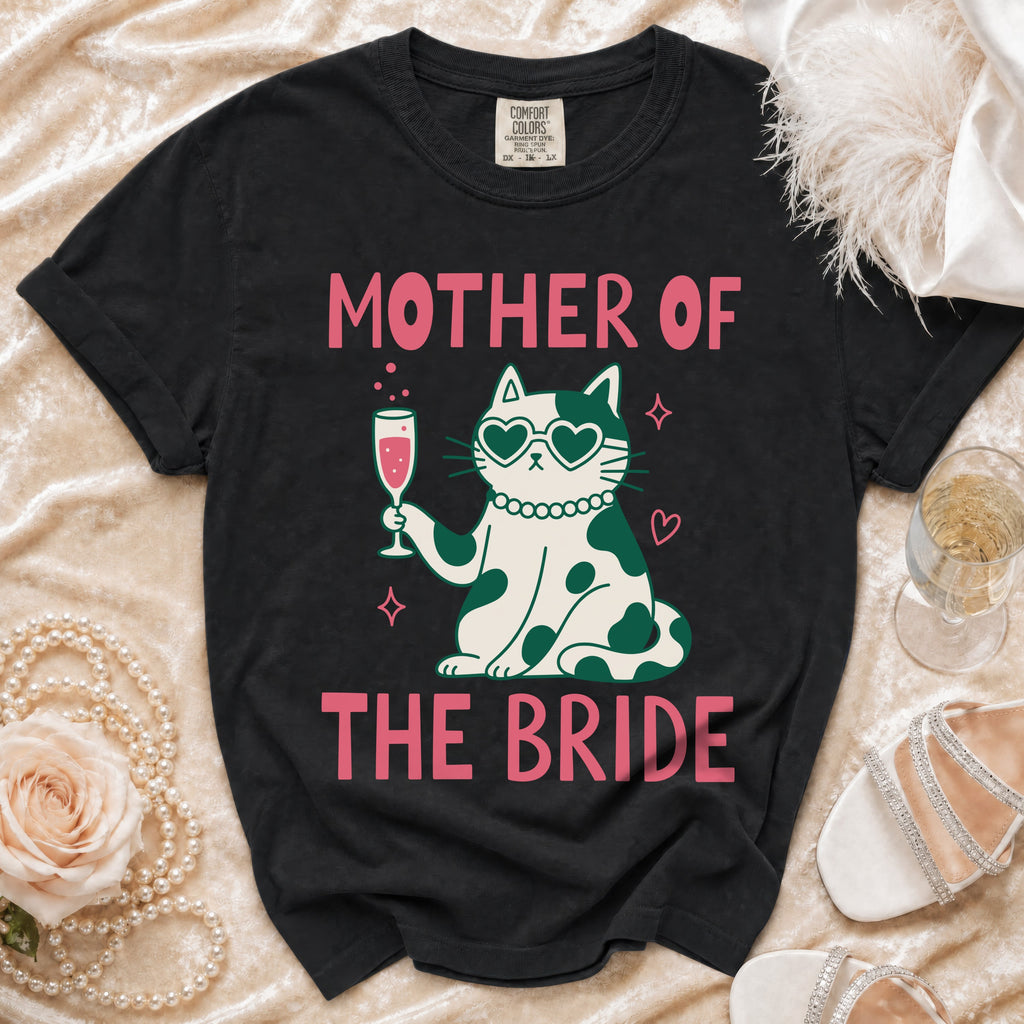 Black t-shirt with "MOTHER OF THE BRIDE" text and a cat graphic.