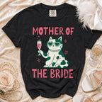 Black t-shirt with "MOTHER OF THE BRIDE" text and a cat graphic.