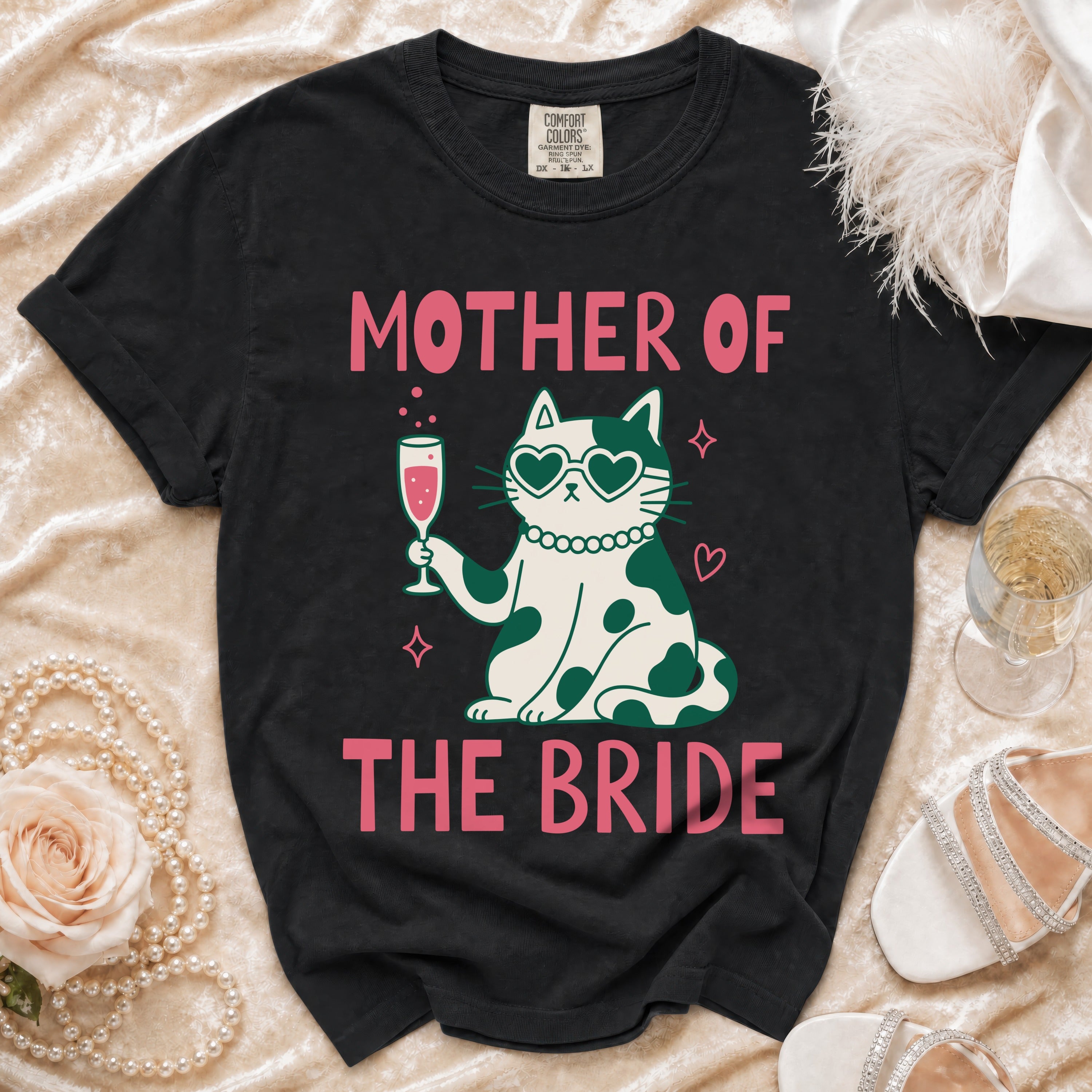 Black t-shirt with "MOTHER OF THE BRIDE" text and a cat graphic.