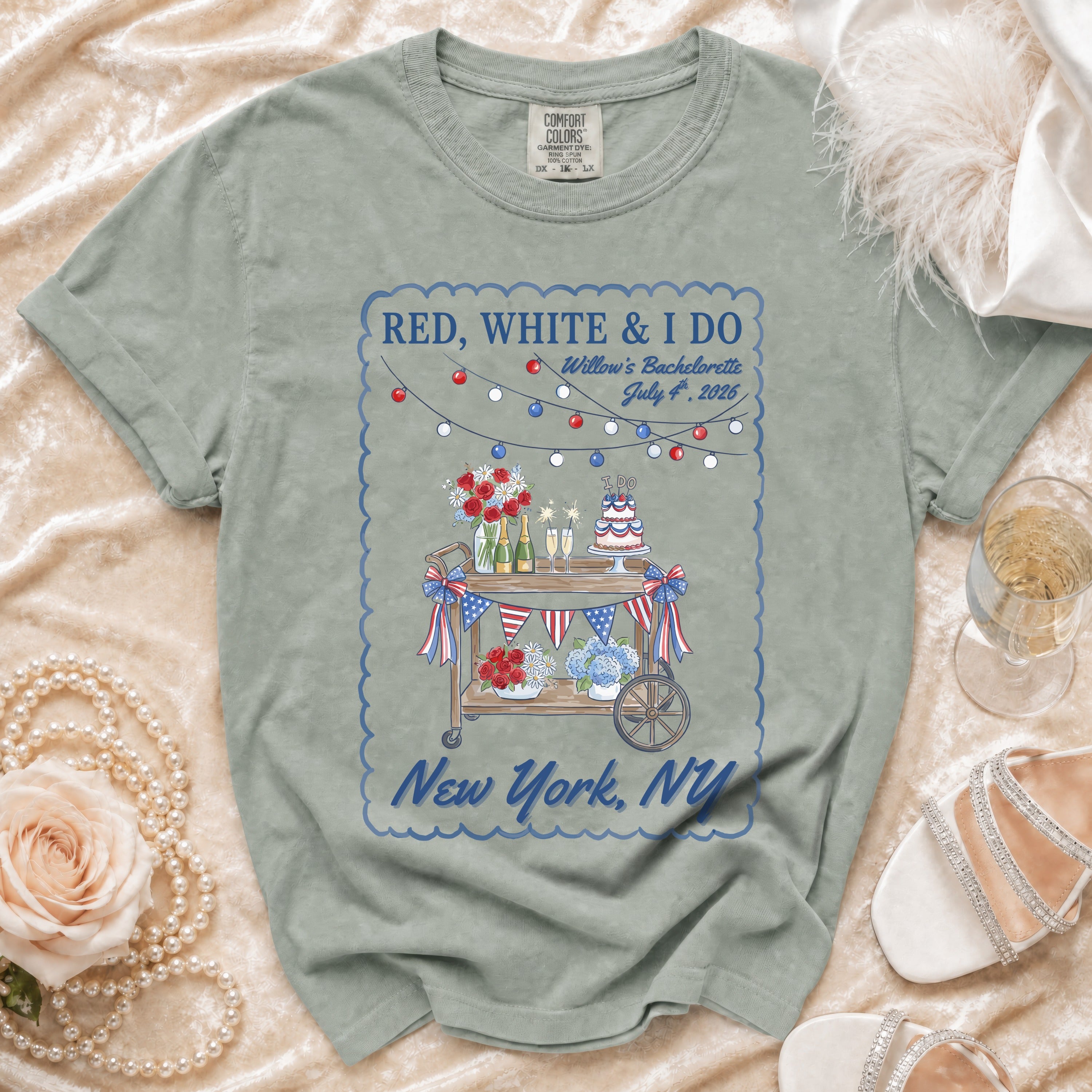 T-shirt with "Red, White & I Do" bachelorette party design for New York.