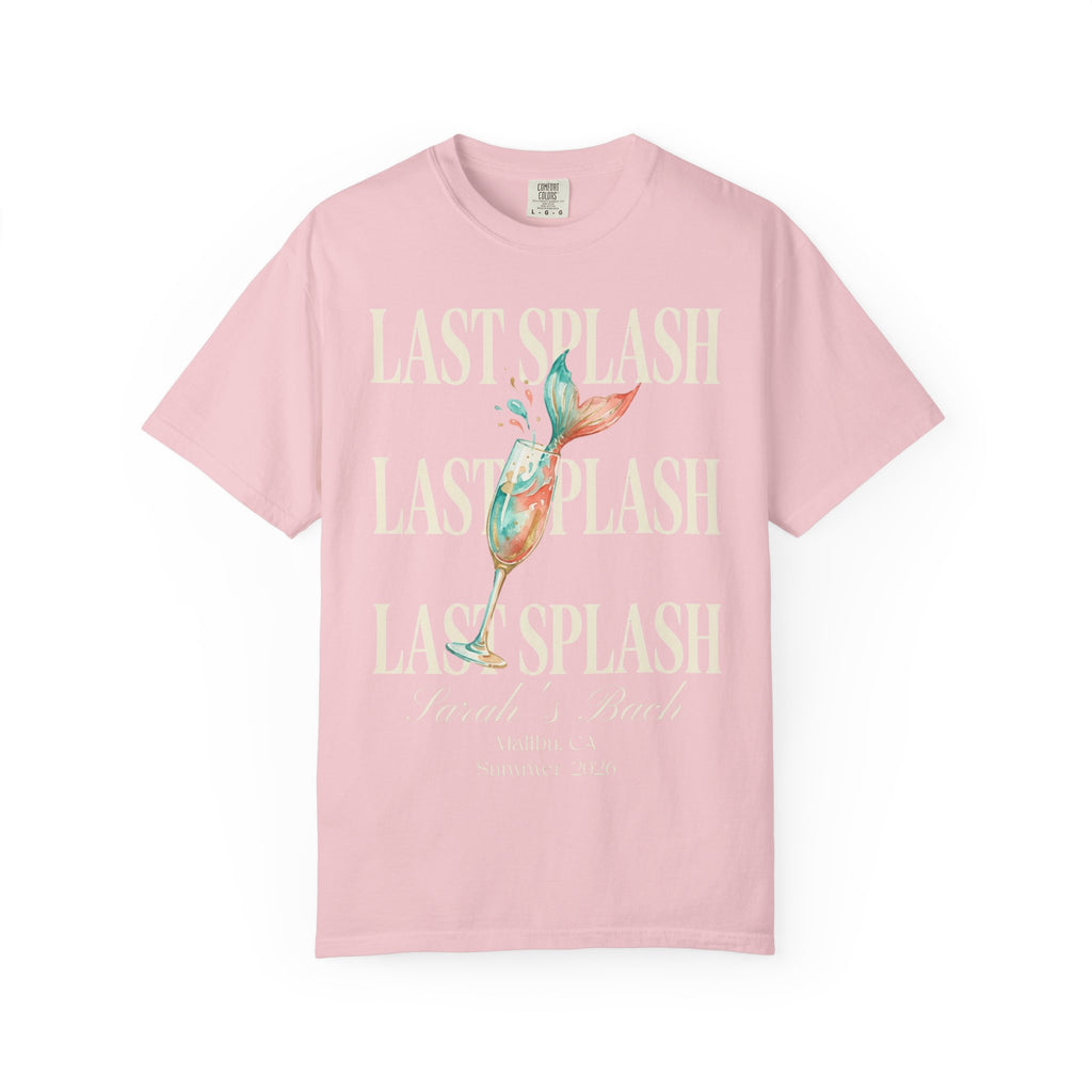 Pink t-shirt with "Last Splash" and "Sarah's Bach" text.