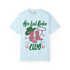 Pink cowboy boots and hat with lasso, and green text "Her Last Rodeo".