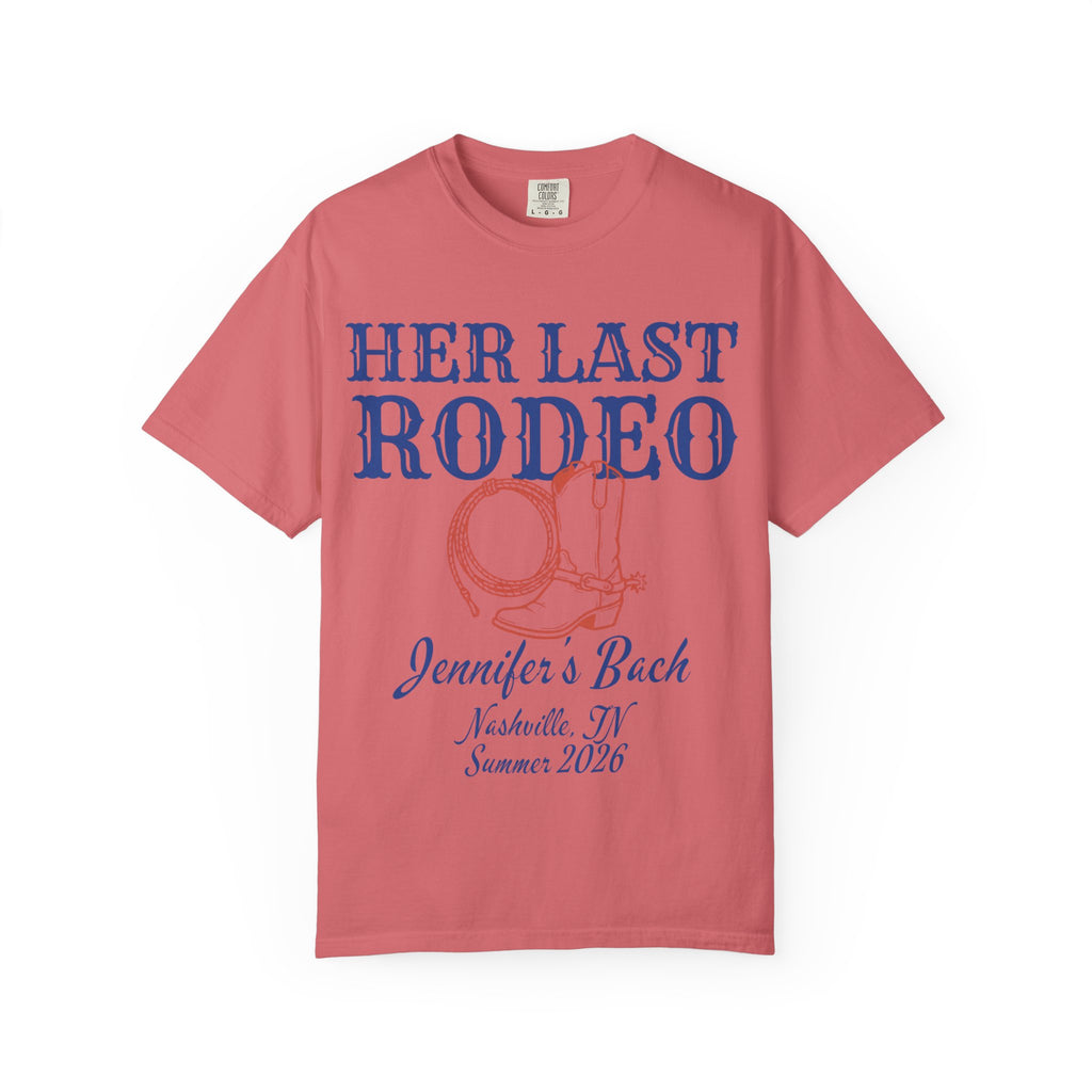 Her Last Rodeo graphic on coral t-shirt.
