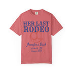 Her Last Rodeo graphic on coral t-shirt.