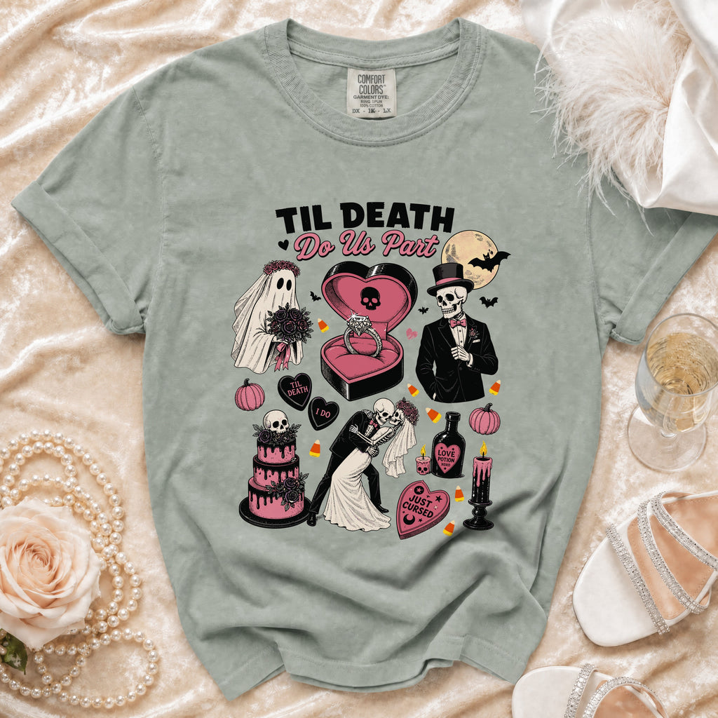T-shirt with "Til Death Do Us Part" graphic featuring skeletons and Halloween elements.