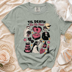 T-shirt with "Til Death Do Us Part" graphic featuring skeletons and Halloween elements.