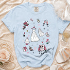 Light blue t-shirt with wedding icons and "Just Married" car graphic.