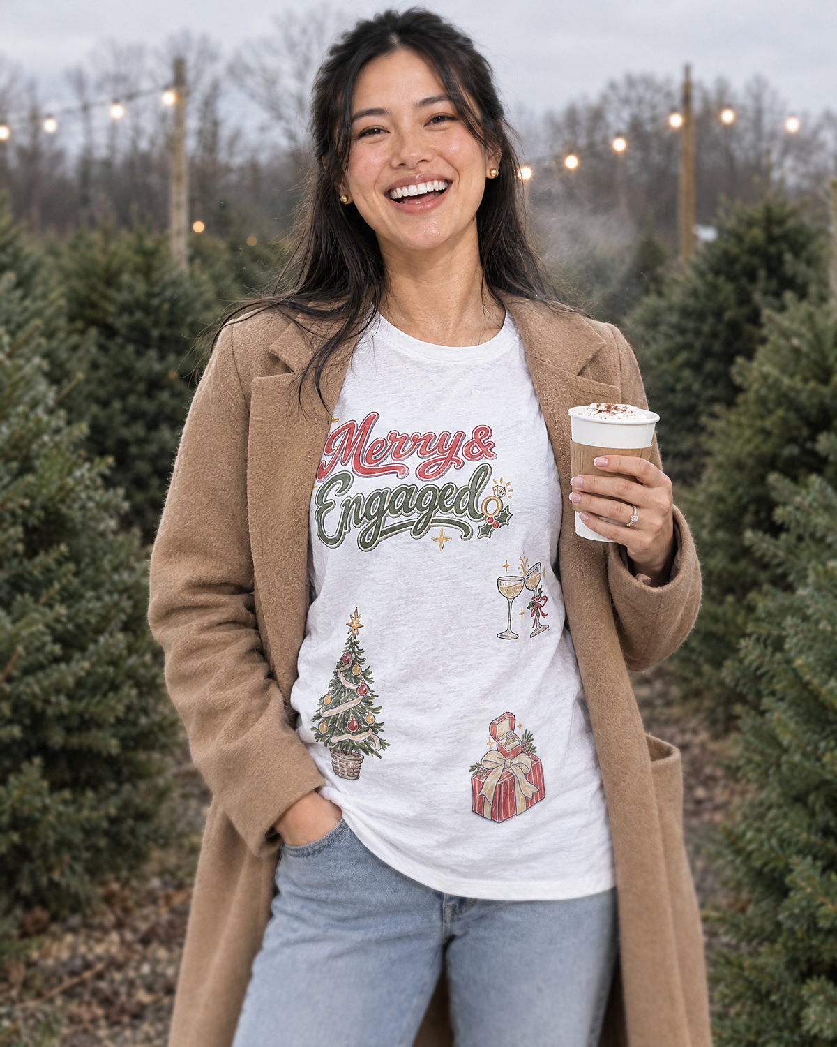 Merry and Engaged Doodles T-shirt, at the Christmas tree farm