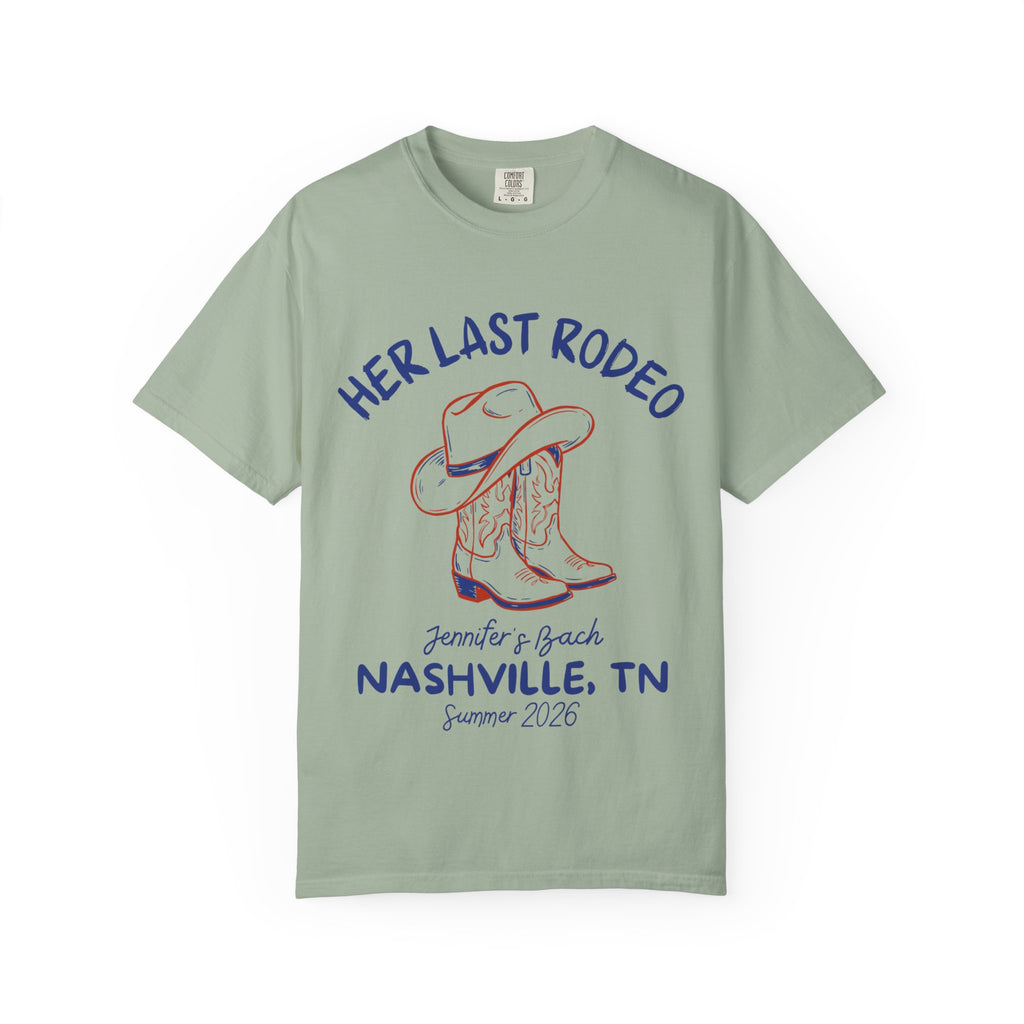 Green t-shirt with "Her Last Rodeo" and cowboy boots graphic.