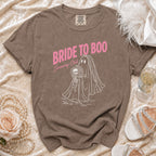 Brown t-shirt with "BRIDE TO BOO Screaming Club" text and ghost bride graphic.
