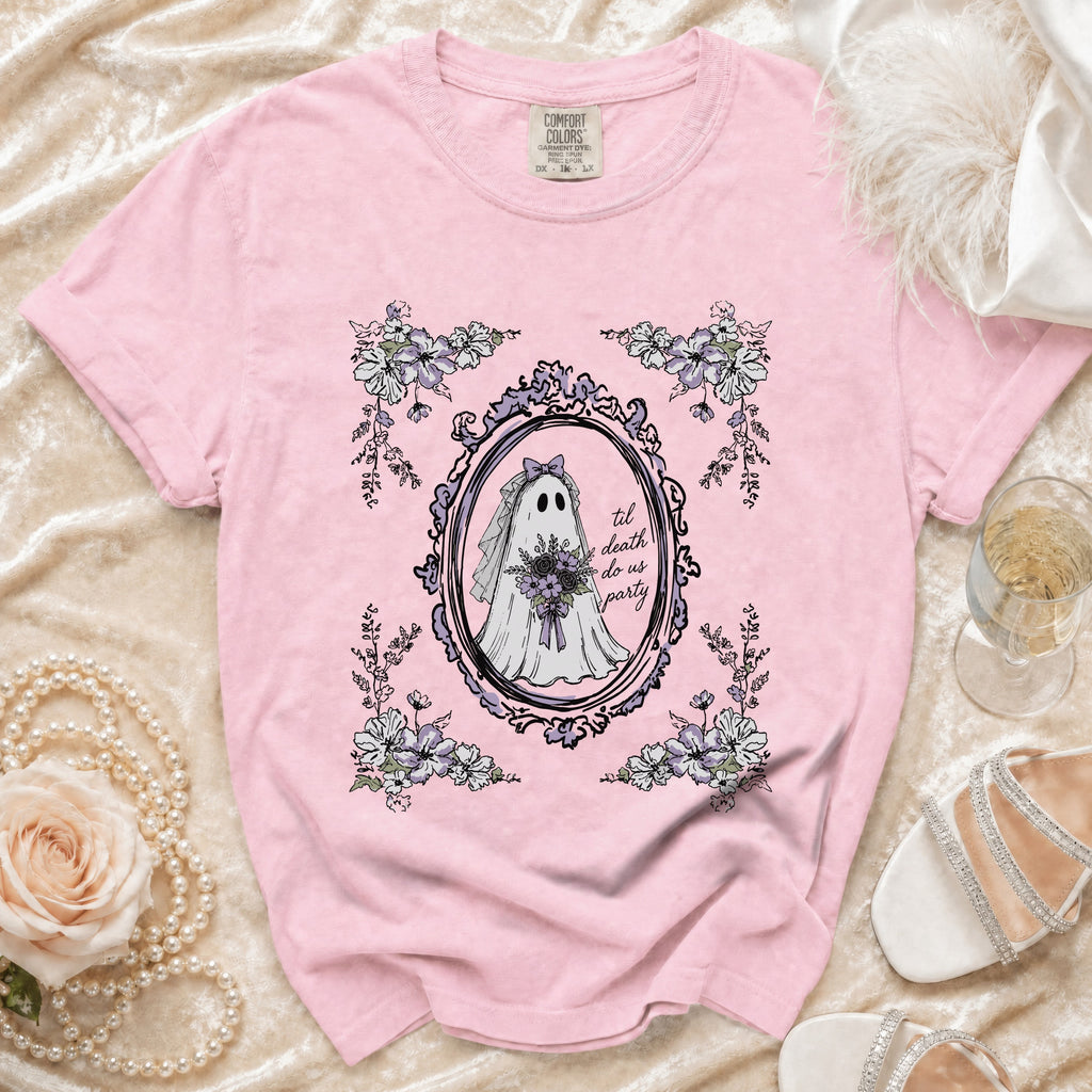 Pink t-shirt with ghost bride graphic and text "til death do us party".