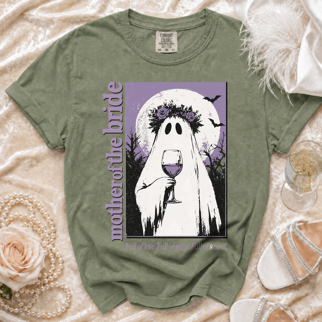 Green t-shirt with a ghost bride illustration, "mother of the bride" text, and "Full of love. Full of wine. Full of scares."