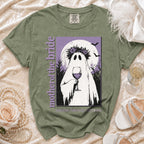 Green t-shirt with a ghost bride illustration, "mother of the bride" text, and "Full of love. Full of wine. Full of scares."