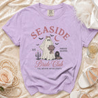 Purple t-shirt with ghost bride graphic, "Seaside Bride Club," and "Til Death Do Us Party".