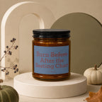 Brown jar candle with black lid, label reads "Burn Before After the Seating Chart".