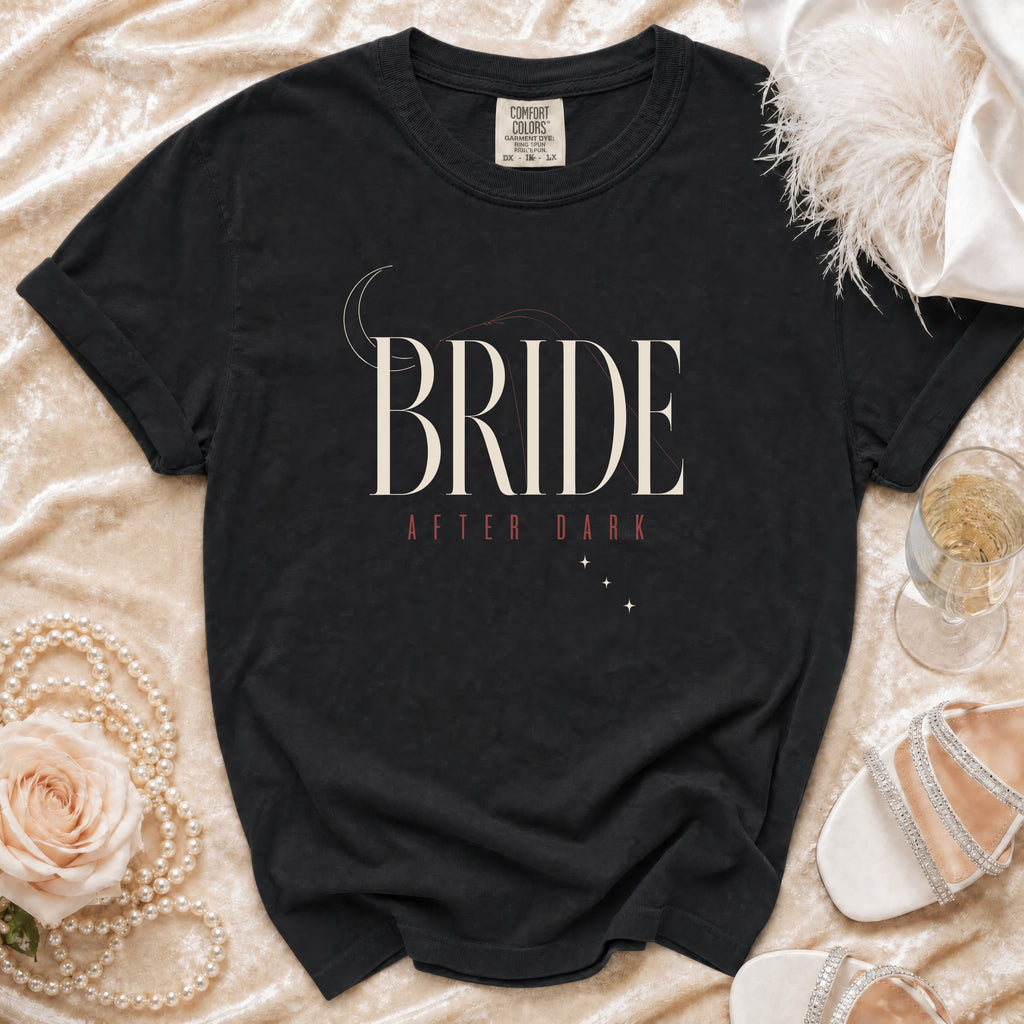 Black t-shirt with "BRIDE AFTER DARK" text and celestial graphics.