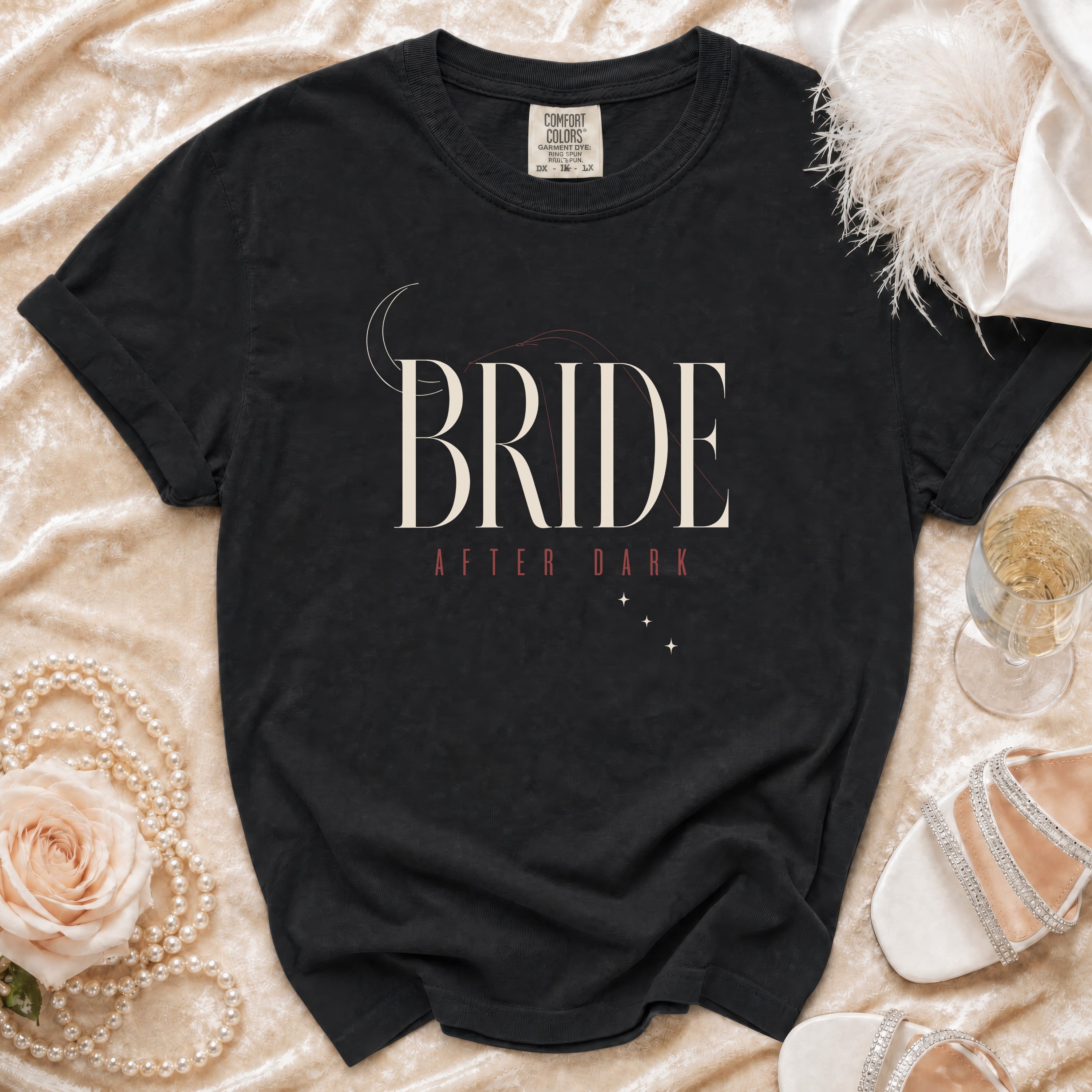 Black t-shirt with "BRIDE AFTER DARK" text and celestial graphics.